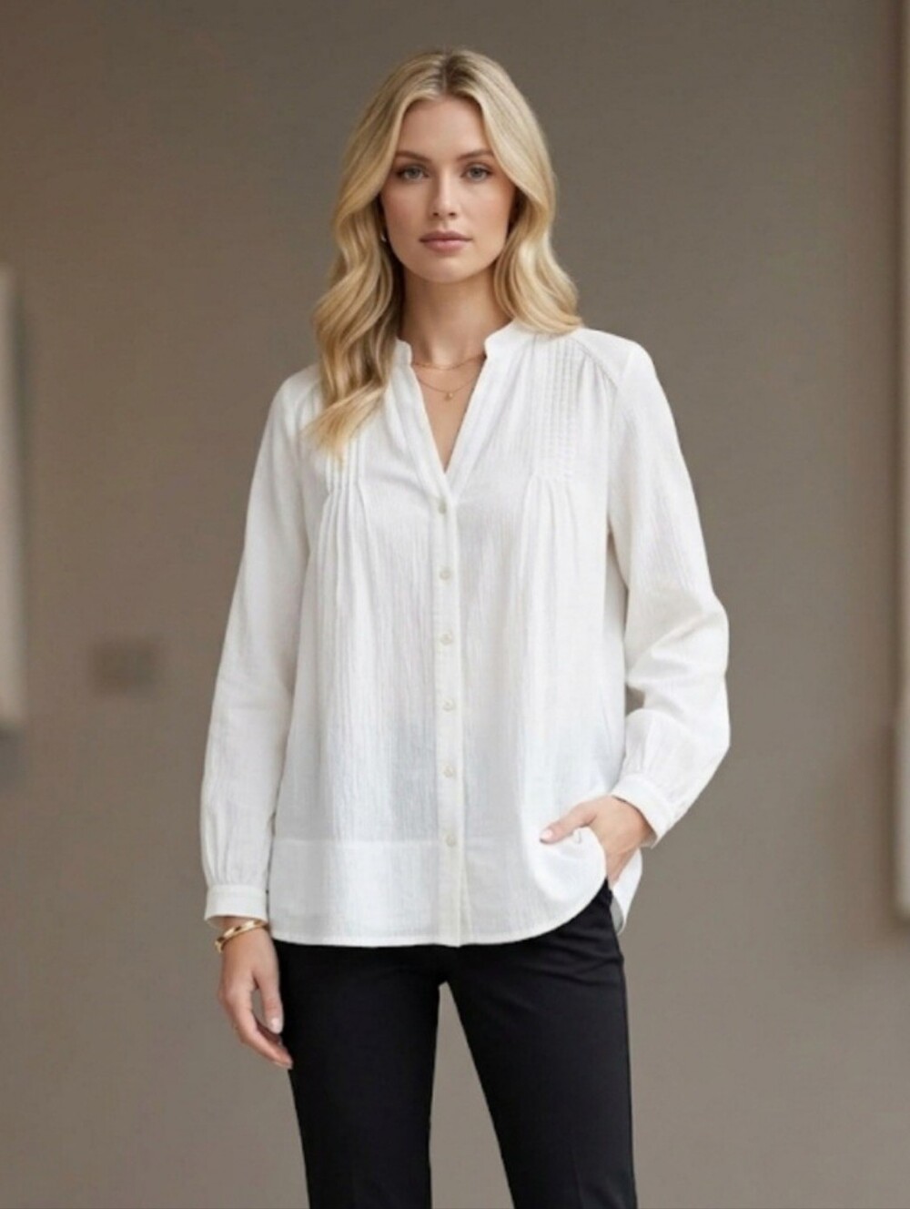 AYR Women's Off White 100% Cotton Woven Long Sleeve Button V-Neck Blouse Size XS